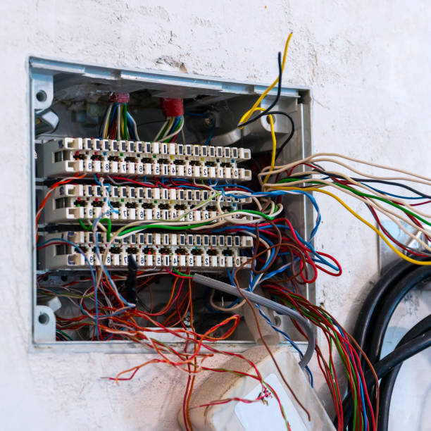 open junction box prepared for mounting and connecting telephone and computer cables - railroad junction audio imagens e fotografias de stock