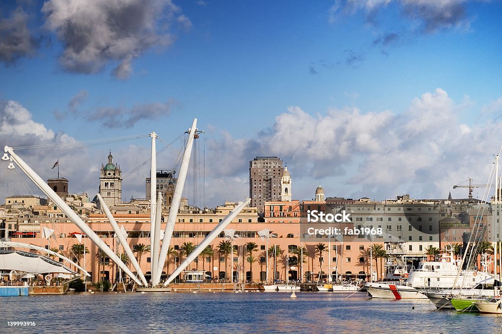 Wonderful Genoa A view of genoa from the harbour, with the 'Porto Antico' in foreground, and the bigo from world known architect Renzo Piano Architecture Stock Photo