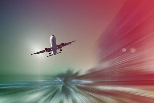 Airplane flying with dynamic colorful motion blur abstract background