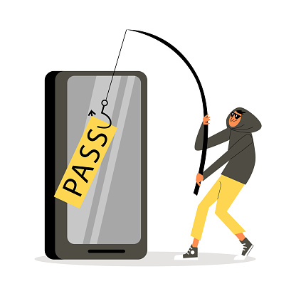 Attacker hacker pulls out the user password for accessing private information. Information security and cyber crime, flat vector illustration isolated on white background.