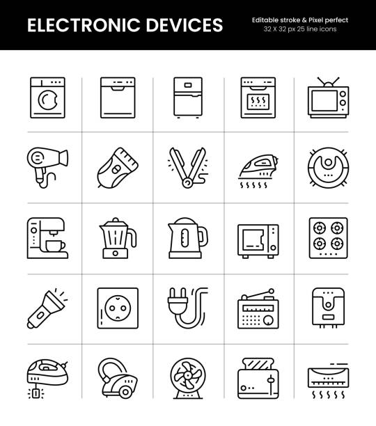 электронные устройства редактируемые значки линий штриха - electrical equipment computer icon symbol electronics industry stock illustrations