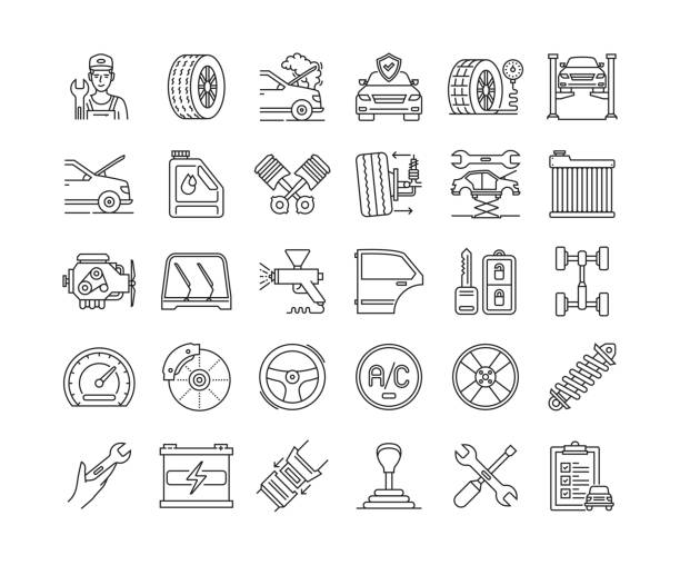 ilustraciones, imágenes clip art, dibujos animados e iconos de stock de conjunto de iconos de línea delgada de servicio de automóvil - auto repair shop illustrations