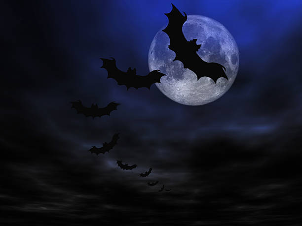 istock Halloween graphic with 9 bats flying by the moon at night 139994412