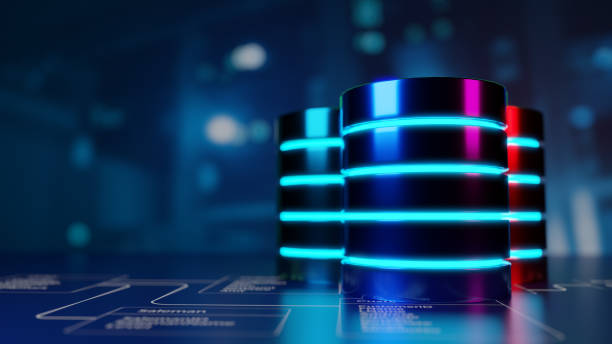 plusieurs bases de données sont placées sur des tables de base de données relationnelles avec une salle de serveurs et un arrière-plan de centre de données. concept de serveur de base de données, sql, stockage de données, conception de diagramme de  - silo photos et images de collection