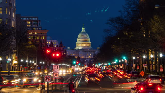 Time Lapse of The United States Capitol Building Cityscape day to night, Washington, D.C.