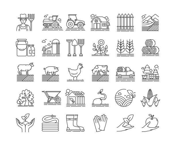 Farm and Agriculture Thin Line Icons Set vector art illustration