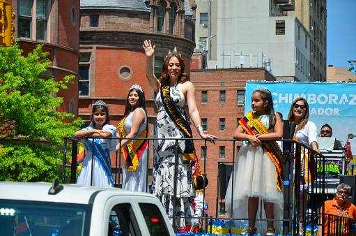 Parade float march way up Central Park West in New York City during the annual  Ecuadorian Independence Day Parade on May 29, 2022.