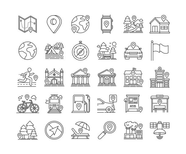 Map and Navigation Thin Line Icons Set vector art illustration
