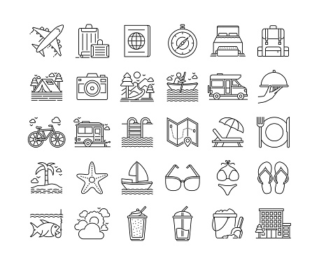 Travel and Holiday Thin Line Icons Set