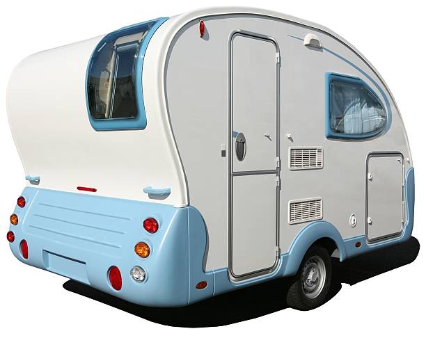 istock White and light blue retro-styled caravan on white 139994763