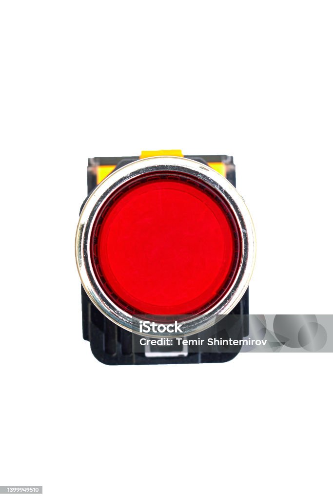electric stop push button isolated on the white background electric stop red push button isolated on the white background top view Automated Stock Photo