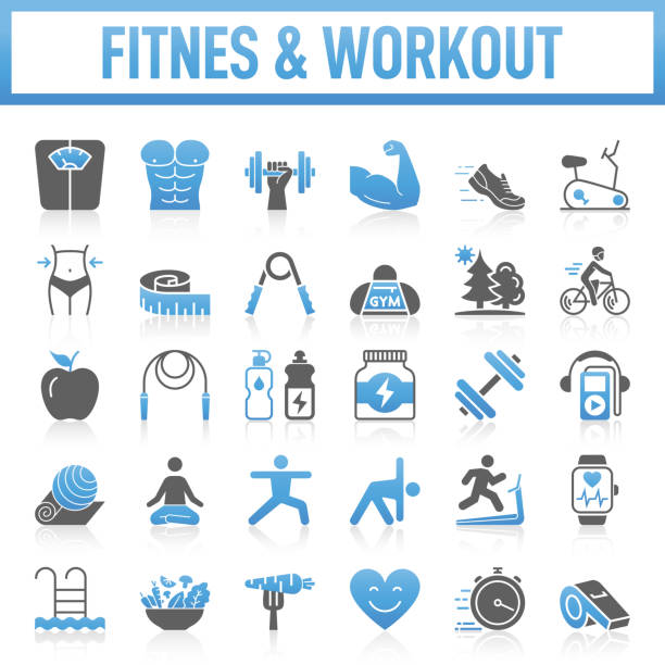 illustrazioni stock, clip art, cartoni animati e icone di tendenza di collezione modern fitness & workout icons. il set contiene icone: stile di vita sano, esercizio fisico, sport, alimentazione sana, palestra, benessere, dieta, assistenza sanitaria e medicina, bilancia dei pesi, stili di vita, corsa, yoga - weights dieting apple healthy eating