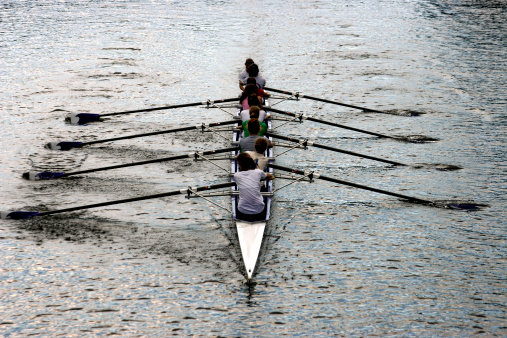 Women rowers oar on river