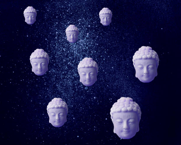 istock Flying buddha head in space. abstract illustration 1399952047
