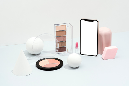 Cosmetics flat lay, packaging mockup, template with geometric objects on white and gray background. Eye shadow, lipstick, blusher,  makeup palette with sphere, cone and geometric shape objects.