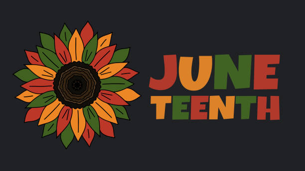 Vector banner Juneteenth - celebration ending of slavery in USA, African American Emancipation Freedom Day. African continent in red, green, yellow scribble on black background Vector banner Juneteenth - celebration ending of slavery in USA, African American Emancipation Freedom Day. Sunflower in red, green, yellow color on black background. juneteenth celebration stock illustrations