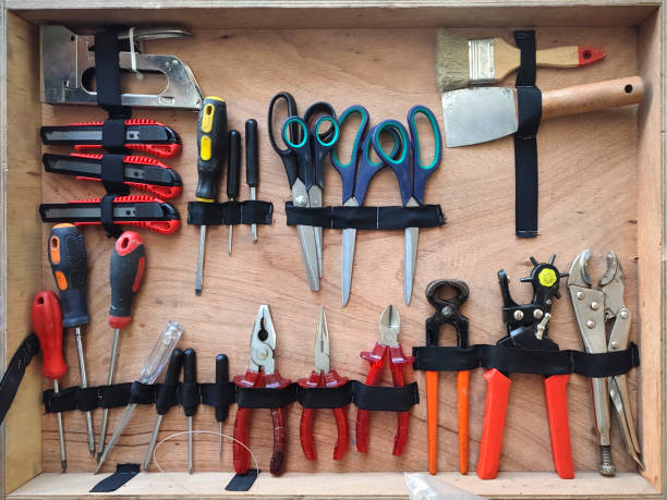 istock Set of hand various work tools on wooden background 1399956334