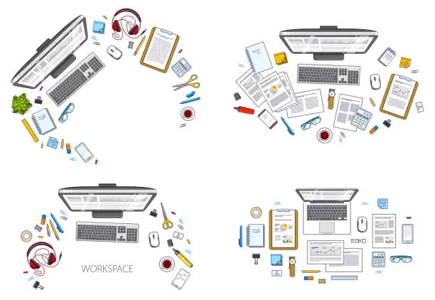 Vector illustration of Work desks workspaces top view with PC or laptops and a lot of different stationery objects and analytics documents on tables, look above. All elements are easy to use separately. Vector set.
