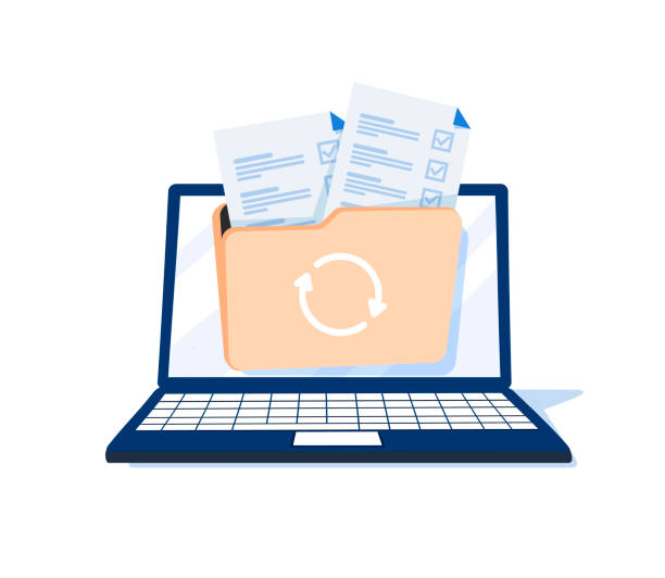ilustrații de stoc cu folder galben cu fișiere. formă criptată, concept de transfer de fișiere. folder galben cu document pe monitorul computerului. acces - migraţia animalelor