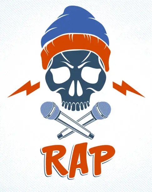 Vector illustration of Rap music vector logo or emblem with aggressive skull and two microphones crossed like bones, Hip Hop rhymes festival concert or night club party label, t-shirt print.