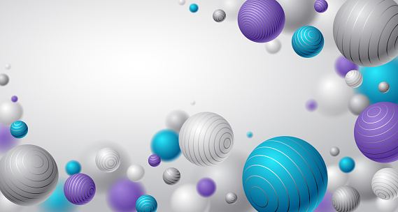 Abstract spheres vector background with blank copy space, composition of flying balls decorated with lines, 3D mixed realistic globes, realistic depth of field effect.