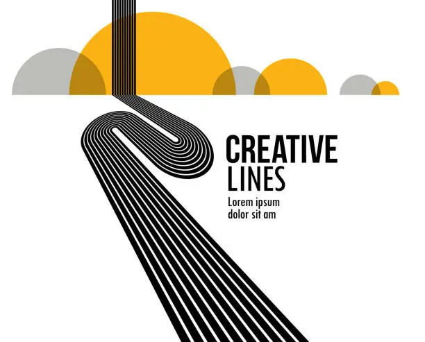 Vector illustration of 3D black and white lines in perspective with yellow elements abstract vector background, linear perspective illustration op art, road to horizon.