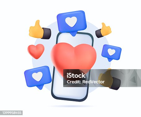 istock 3D social marketing app. Business marketing online advertising banner design. Smartphone like red heart, thumb up 1399958455