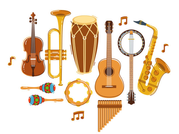 ilustraciones, imágenes clip art, dibujos animados e iconos de stock de banda de música latina salsa vector ilustración plana aislada sobre fondo blanco, concierto de festival de sonido en vivo o fiesta de baile nocturno, tema de fiesta musical brasileña o cubana. - musical instrument string illustrations