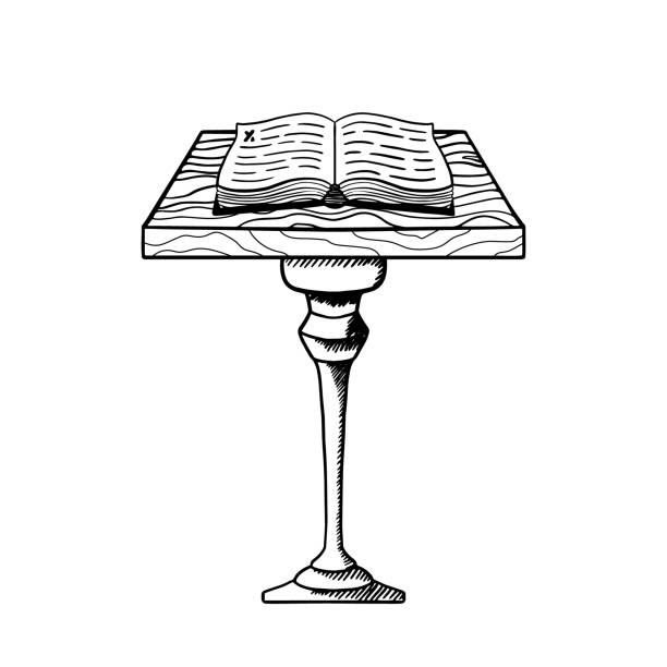 ilustrações, clipart, desenhos animados e ícones de velho livro aberto de feitiços sobre a mesa. bíblia em um pedestal. ilustração vetorial desenhada à mão vintage - book open magic bible