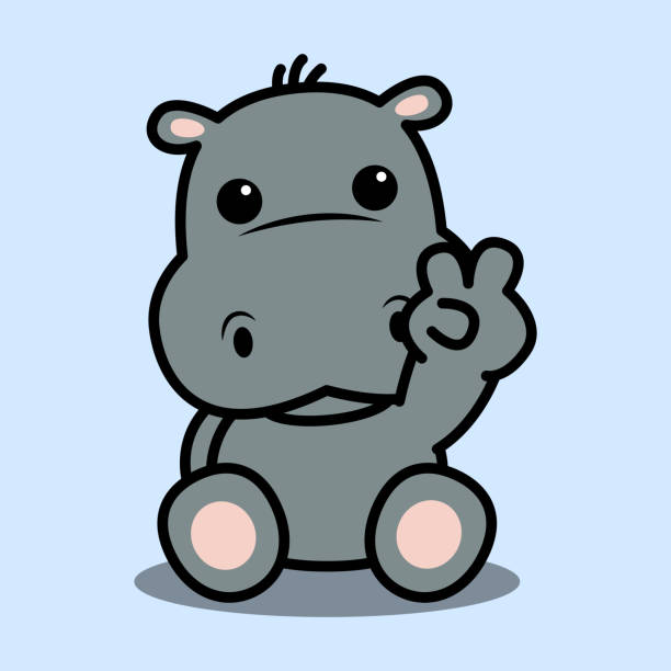 ilustrações, clipart, desenhos animados e ícones de hipopótamo bonito sentado e mostrando v sinal de desenho animado manual, ilustração vetorial - hipopótamo