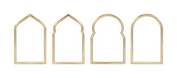 アラビアの金色のアーチを隔離して設定します。イスラム教徒の休日のためのイスラム建築の形を3dレンダリングします。デザイン要素ドア、フレーム、窓。リアルなベクターイラスト。 - arched window点のイラスト素材／クリップアート素材／マンガ素材／アイコン素材