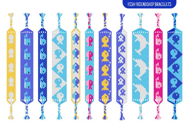 Vector illustration of Fish and whale handmade friendship bracelets set of threads or beads. Macrame normal pattern tutorial.