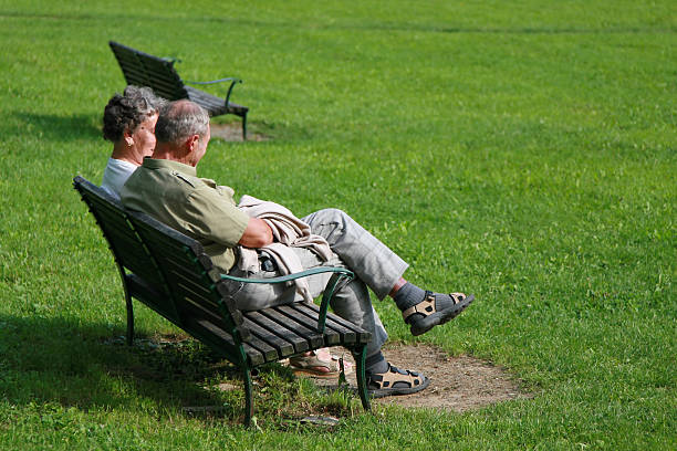 Rear view of senior couple looking out over open meadow