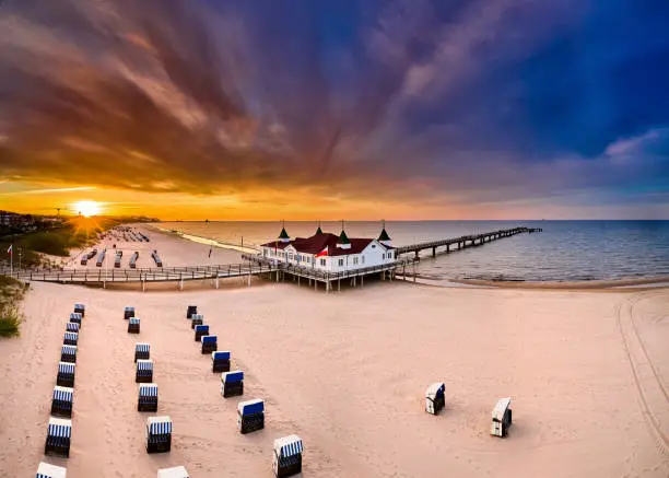 drone view of famous old pier of Ahlbeck on island of Usedom in the baltic sea