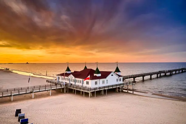 drone view of famous old pier of Ahlbeck on island of Usedom in the baltic sea