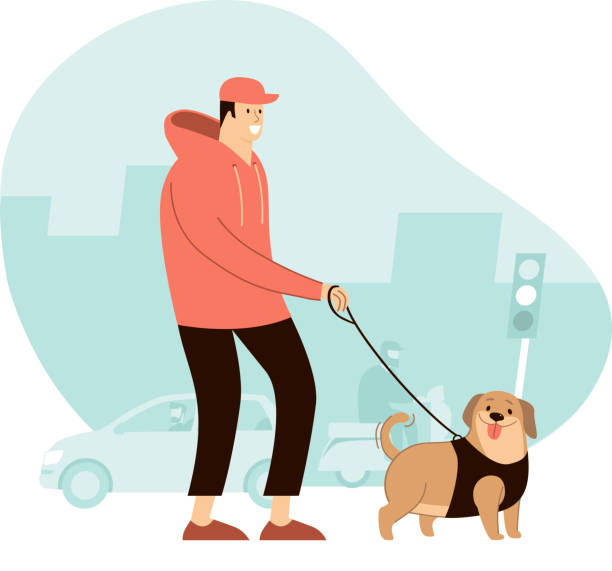 Young Man walking with a dog in the busy city street. vector art illustration