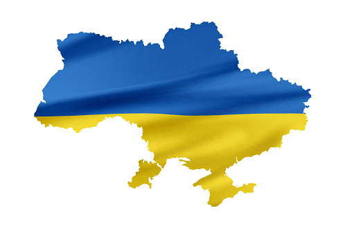 Map of Ukraine with silk material in the colors of the national flag as a background. 3d Rendering.