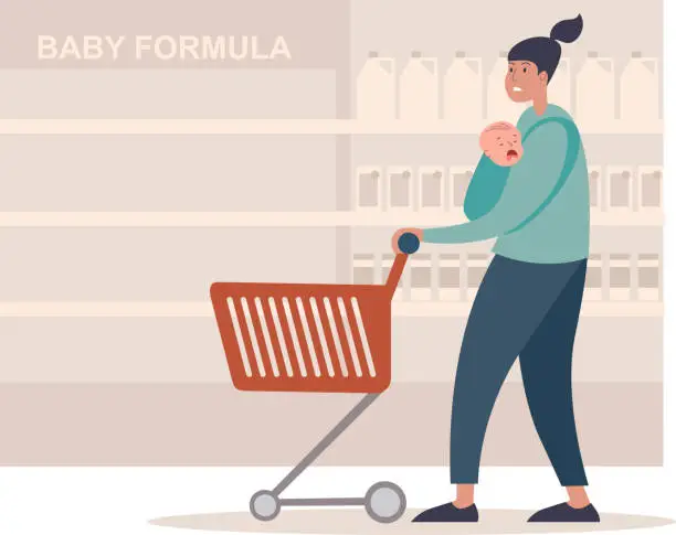 Vector illustration of Mother with hungry crying little baby in the supermarket looking at the empty shelves with baby formula.   Baby formula shortage concept.