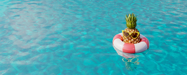 Pineapple with sunglasses floats on a beautiful turquoise sea. Summer vacation background 3d render 3d illustration