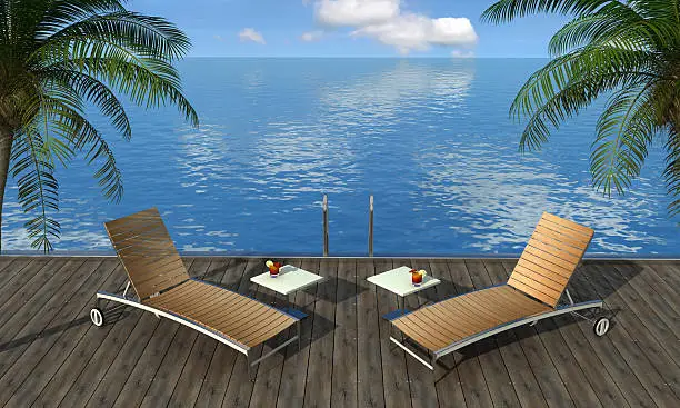 Two beach chair on wooden boardwalk - rendering