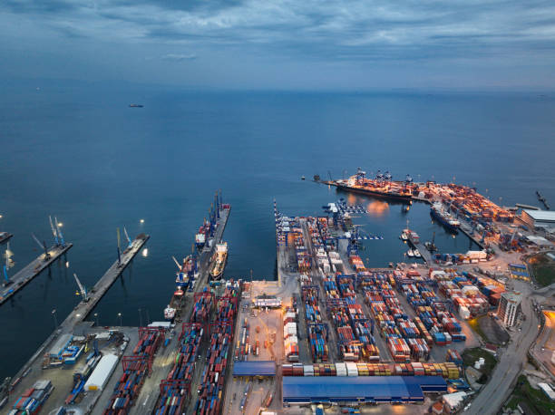 istock Aerial view container ship in port at container terminal port 1399972022