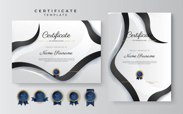 istock Black and gold certificate of achievement border template with luxury badge and modern line pattern. For award, business, and education needs 1399972703