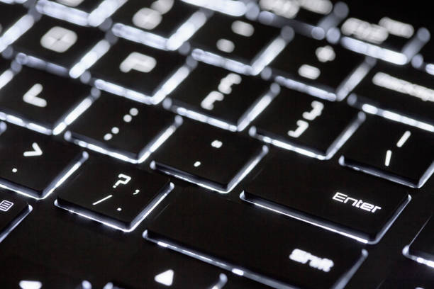 istock Backlit computer keyboard, technological black and white background, close-up of illuminated keyboard. 1399973202