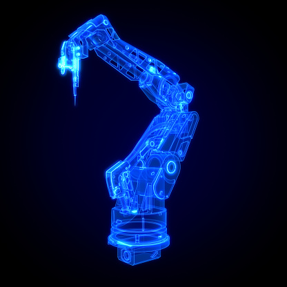 3d Robot Arm wireframe or cnc machine on black background