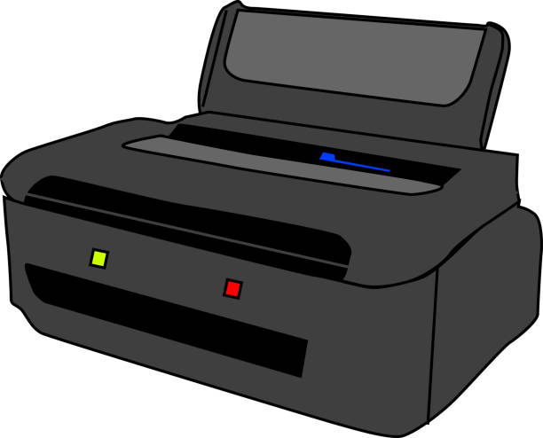 illustrationsmaterial des praktischen schwarzen druckers - computer equipment pc fax machine appliance stock-grafiken, -clipart, -cartoons und -symbole