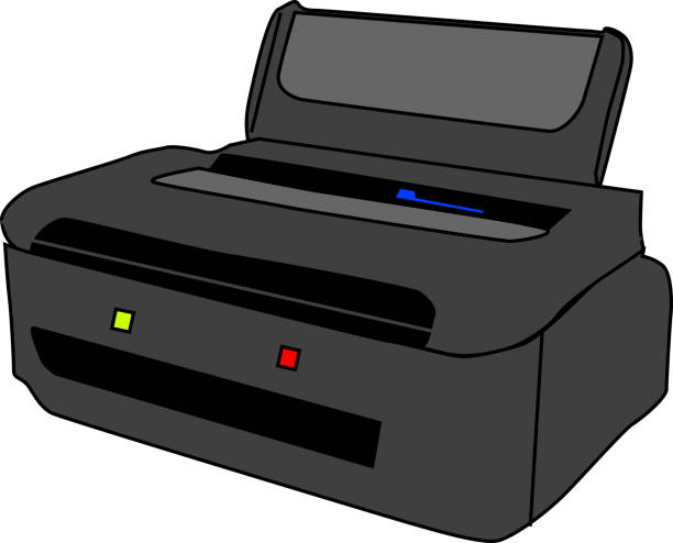 ilustraciones, imágenes clip art, dibujos animados e iconos de stock de material de ilustración de la conveniente impresora negra - computer equipment pc fax machine appliance