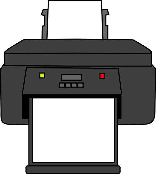 ilustraciones, imágenes clip art, dibujos animados e iconos de stock de impresora que emite papel "frontal negro" - computer equipment pc fax machine appliance