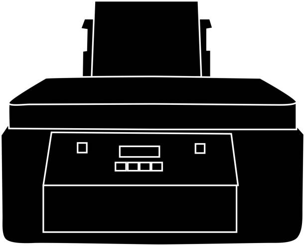 ilustraciones, imágenes clip art, dibujos animados e iconos de stock de silueta frontal de la impresora - computer equipment pc fax machine appliance