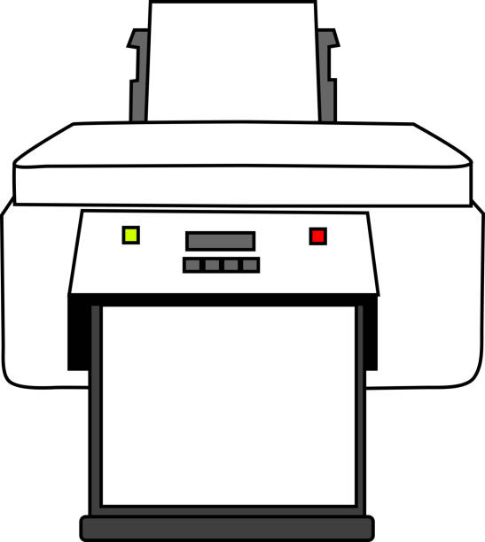 ilustraciones, imágenes clip art, dibujos animados e iconos de stock de impresora "frontal blanca" que emite papel - computer equipment pc fax machine appliance