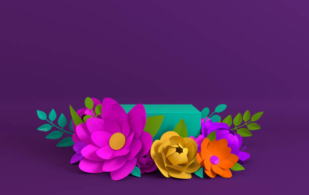 istock Paper flowers and leaves frame, podium platform for product presentation. Summer or spring colorful background. Paper cut 3d render mock up 1399980773